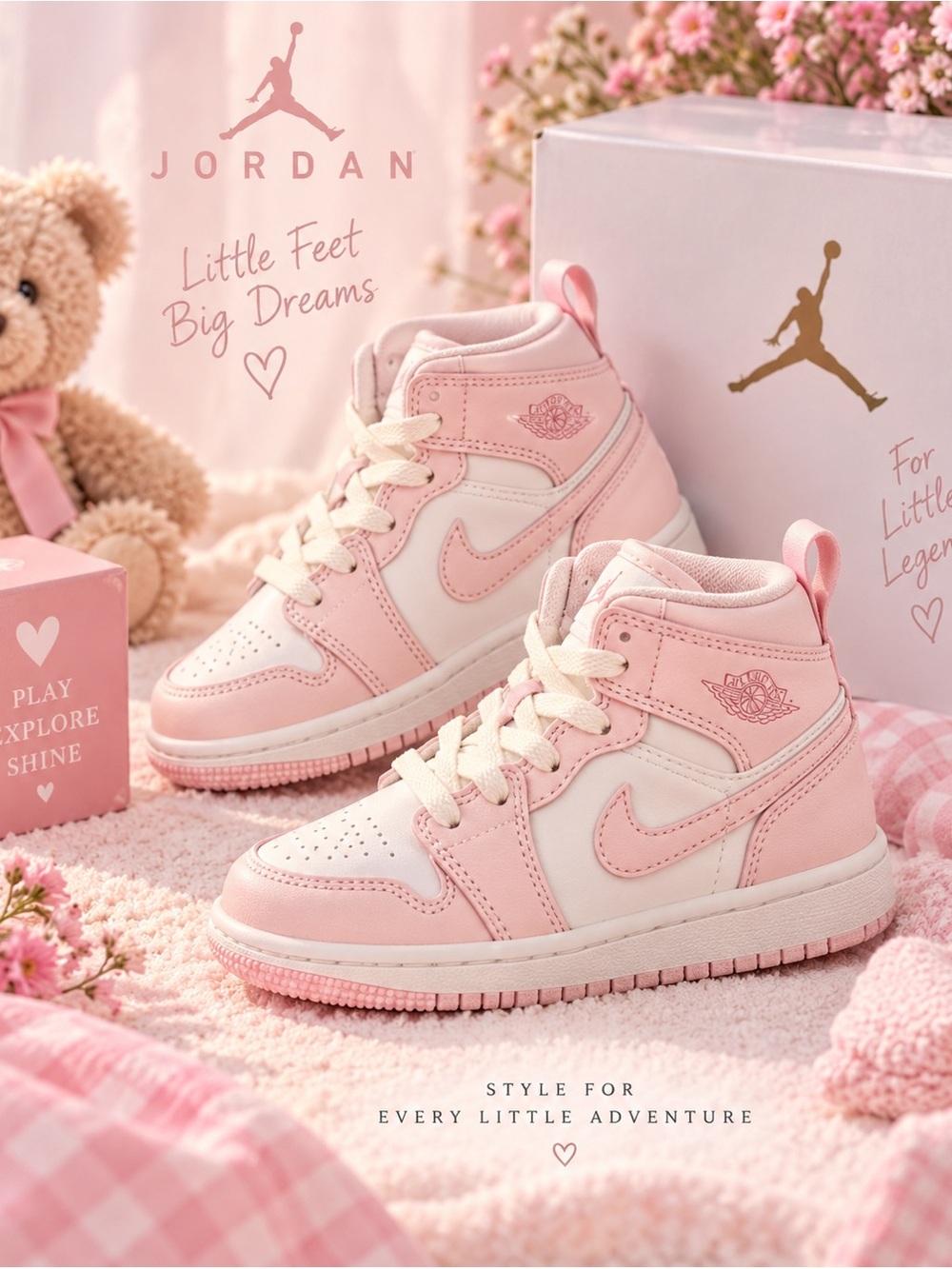 Nike Kids White and Light Pink Air Jordan 1 Mid Sneakers